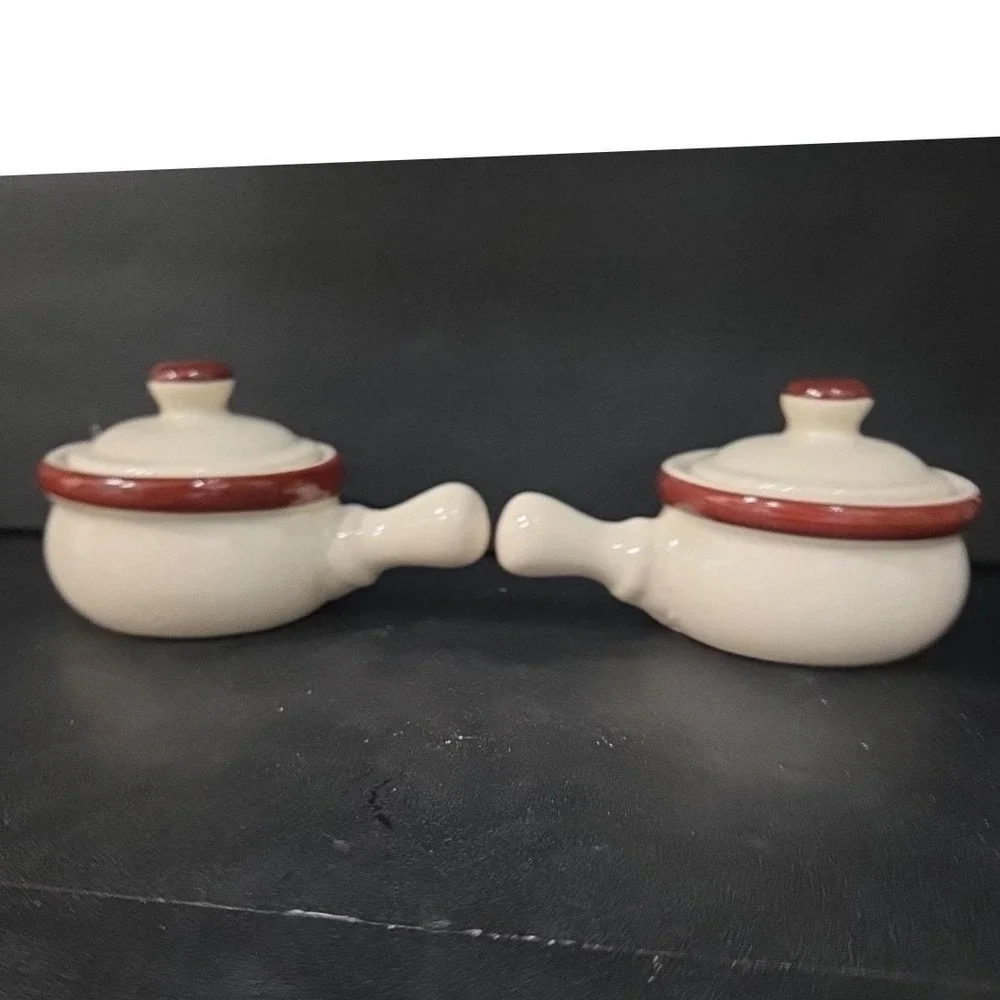 Ceramic Soup Bowls With Handles & Lids, Set of 2, Replacement Cream/Brown Crocks